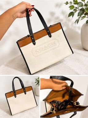 COACH Two-Tone Canvas Tote in Cream, Brown and Black